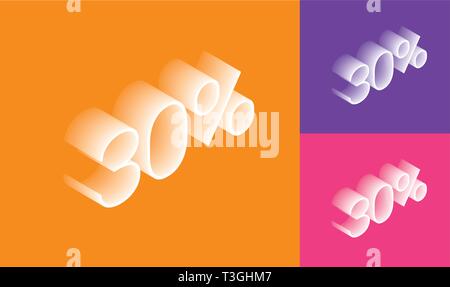 30%% off, vendita, bianco-oggetto trasparente 3D. Lettere isometrica. Trendbackground colore (giallo-viola-viola). Eps10 Vettore. Illustrazione Vettoriale