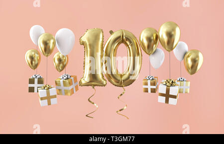 Numero 10 festa di compleanno composizione con palloncini e confezioni  regalo. Il rendering 3D Foto stock - Alamy