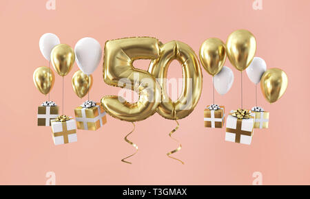 Numero 50 celebrazione di compleanno oro con palloncino presenta. 3D Render Foto Stock