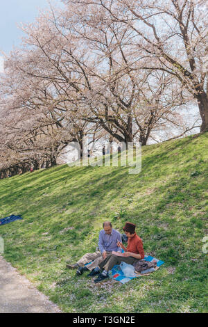 Kyoto, Giappone - Aprile 3, 2018: persone piace vedere belle dei ciliegi in fiore a Yawatashi. Foto Stock