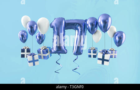 Numero 17 celebrazione di compleanno oro con palloncino presenta. 3D Render Foto Stock