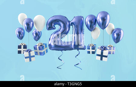 Numero 21 celebrazione di compleanno oro con palloncino presenta. 3D Render Foto Stock