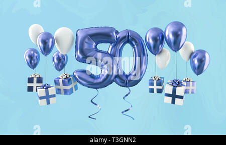 Numero 50 celebrazione di compleanno oro con palloncino presenta. 3D Render Foto Stock