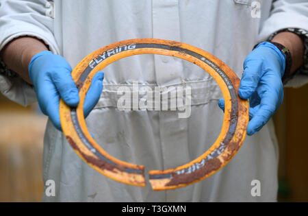 Il frisbee in plastica che è stata rimossa dal collo di una guarnizione grigio trovato su Mercoledì, che è stato denominato Sir David, in RSPCA East Winch Centro faunistico di Norfolk. Foto Stock