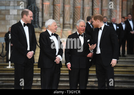 (Da sinistra a destra) il duca di Cambridge, sir David Attenborough, il Principe di Galles e il Duca di Sussex arriva a partecipare al global premiere di Netflix è 'il nostro pianeta' presso il Museo di Storia Naturale di Kensington, Londra. Foto Stock