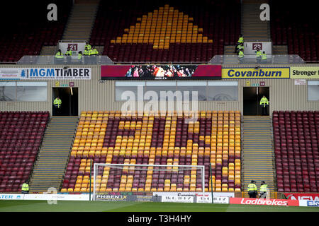 Vista generale del passo avanti della Ladbrokes Premiership scozzese corrisponde a Fir Park, Motherwell. Foto Stock