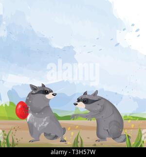 Due procioni vettore. Simpatici animali in lotta per il cibo cartoon illustrazione Illustrazione Vettoriale