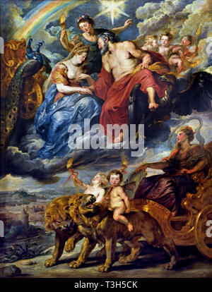 La riunione di Maria de' Medici e Enrico IV a Lione - Marie de' Medici 1622-1624 ciclo da Peter Paul Rubens commissionata dalla regina Maria de' Medici, vedova del re Enrico IV di Francia, per il Palazzo del Lussemburgo a Parigi, ( Marie e Henry come il mitologico divinità romane Giunone e Giove. ) Foto Stock