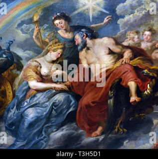 La riunione di Maria de' Medici e Enrico IV a Lione - Marie de' Medici 1622-1624 ciclo da Peter Paul Rubens commissionata dalla regina Maria de' Medici, vedova del re Enrico IV di Francia, per il Palazzo del Lussemburgo a Parigi, ( Marie e Henry come il mitologico divinità romane Giunone e Giove. ) Foto Stock