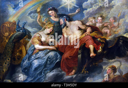 La riunione di Maria de' Medici e Enrico IV a Lione - Marie de' Medici 1622-1624 ciclo da Peter Paul Rubens commissionata dalla regina Maria de' Medici, vedova del re Enrico IV di Francia, per il Palazzo del Lussemburgo a Parigi, ( Marie e Henry come il mitologico divinità romane Giunone e Giove. ) Foto Stock