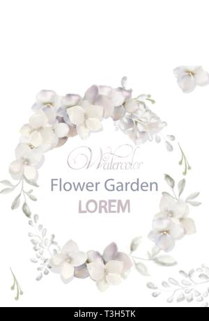 Fiori bianchi ghirlanda di vettore ad acquerello. Bellissimo invito a nozze, cerimonia, salva la data, saluto Illustrazione Vettoriale