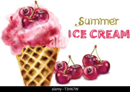 Estate cono gelato con cherry acquerello vettore. Colorato succosa dessert Illustrazione Vettoriale