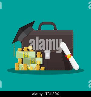 Business Briefcase, tappo di graduazione, pile di denaro e diploma di laminati. Business concetto di graduazione. Illustrazione Vettoriale in stile piatto Illustrazione Vettoriale