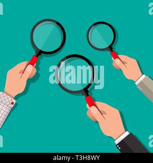 Tre mani di una lente di ingrandimento. La ricerca, esplorazione, analisi di concetto. Illustrazione Vettoriale in stile piatto Illustrazione Vettoriale