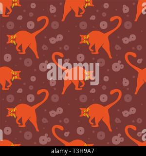 Modello senza giunture, funny orange gatti in pose quotidiane, giocando in uno spazio di colore marrone, illustrazione vettoriale Illustrazione Vettoriale