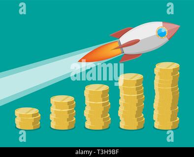 Rocket volare fino a monete grafico di crescita. Grafico che mostra aumento delle vendite. Il successo del business. Illustrazione Vettoriale in stile piatto Illustrazione Vettoriale