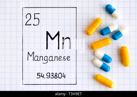 La grafia elemento chimico manganese Mn con alcune pillole. Close-up. Foto Stock