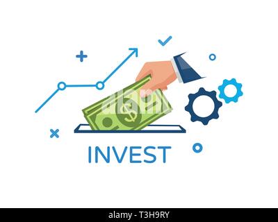 Investire, illustrazione vettoriale. Investire denaro in qualcosa, concetto. Investire in un business. Mette mano banconote Illustrazione Vettoriale