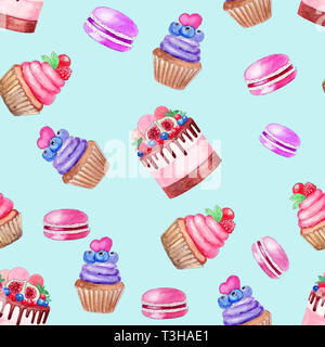 Torta, tortina, macarons pattern illustrazione acquerello su sfondo blu Foto Stock