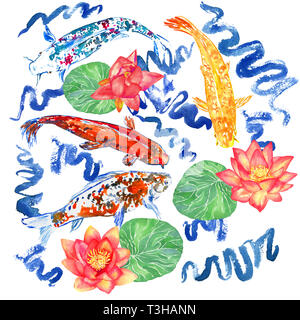 Carpe Koi raccolta nuotare nel laghetto con onde blu, rosso fiori di loto con foglie dipinte a mano illustrazione ad acquerello, vista dall'alto Foto Stock