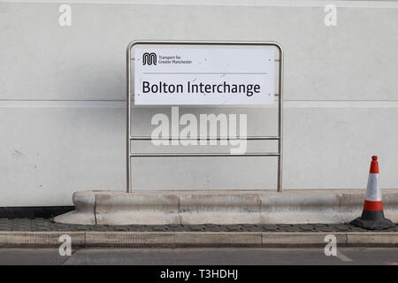 La vitedella stazione di interscambio sign in Bolton, Greater Manchester Foto Stock