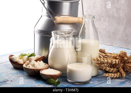 I prodotti lattiero-caseari - gustosi sani prodotti lattiero-caseari su una tabella a: panna acida in una ciotola bianco, cottage cheese bowl, la crema di latte in una banca e latte jar, vetro bot Foto Stock