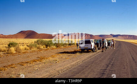 I veicoli fuoristrada arrestato su una via nel Deserto Namibiano vicino Sussusvlei. Foto Stock