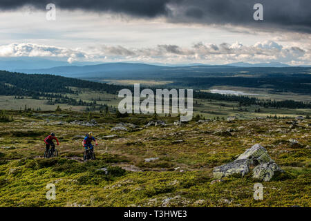 Due uomini giro in mountain bike nel deserto vicino alla città di Hafjell in Norvegia. Foto Stock