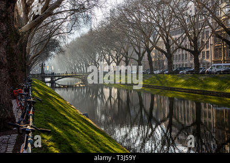 Il Kšnigsallee, Kš, DŸsseldorf, Kš-Graben stagno, con ponte e albero vicolo, lo shopping di lusso street, Germania Foto Stock