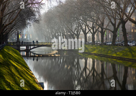 Il Kšnigsallee, Kš, DŸsseldorf, Kš-Graben stagno, con ponte e albero vicolo, lo shopping di lusso street, Germania Foto Stock