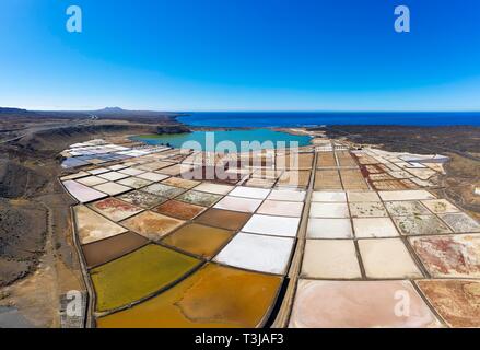 Estrazione del sale impianto, a Salinas de Janubio, vicino a Yaiza, drone shot, Lanzarote, Isole Canarie, Spagna Foto Stock