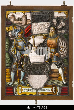 Una coppia di vetro piombato pannelli visualizzazione stemmi, della Germania o della Svizzera, la seconda metà del XIX secolo lussuosamente predisposto vetro piombato pannelli con belle 'Schwarzlot'-pittura su vetro di variare i colori nello stile del XVI secolo. Central stemma scudi della città di Zurigo e Friburgo, ciascuno affiancato dai piedi la figura di un Landsknecht. Impostazione architettonica in background. Un pannello datato '1565'. Entrambi i pannelli sono firmati 'J' con una corona. In cornici di legno provvisto di ottone anelli di sospensione. Le dimensioni di ogni 46 x 36 cm., Additional-Rights-Clearance-Info-Not-Available Foto Stock