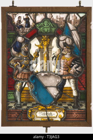 Una coppia di vetro piombato pannelli visualizzazione stemmi, della Germania o della Svizzera, la seconda metà del XIX secolo lussuosamente predisposto vetro piombato pannelli con belle 'Schwarzlot'-pittura su vetro di variare i colori nello stile del XVI secolo. Central stemma scudi della città di Zurigo e Friburgo, ciascuno affiancato dai piedi la figura di un Landsknecht. Impostazione architettonica in background. Un pannello datato '1565'. Entrambi i pannelli sono firmati 'J' con una corona. In cornici di legno provvisto di ottone anelli di sospensione. Le dimensioni di ogni 46 x 36 cm., Additional-Rights-Clearance-Info-Not-Available Foto Stock