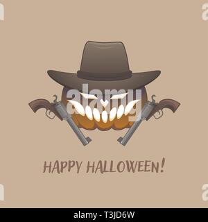 Dura di zucca Cowboy ha due pistole e indossa un cappello da cowboy. La zucca è su uno sfondo marrone. le pistole sono di colore metallico con impugnature in legno. Illustrazione Vettoriale