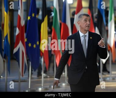 Bruxelles, Belgio. Decimo Apr, 2019. Primo ministro ceco Andrej Babis arriva a colloqui tra i capi dei paesi dell'UE con UK PM Theresa Maggio circa Brexit, il 10 aprile 2019, a Bruxelles, in Belgio. Credito: Jakub Dospiva/CTK foto/Alamy Live News Foto Stock