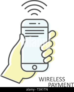 Accesso wireless a pagamento - icona smartphone in mano, transazione NFC Illustrazione Vettoriale