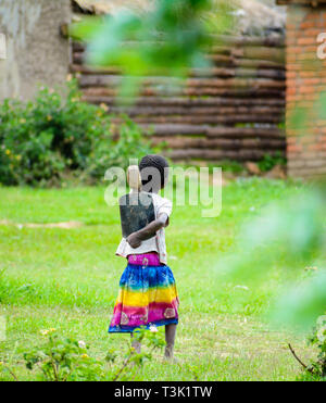 Giovane ragazza malawiana porta un adulto dimensionato hoe torna dal campo che sembra troppo grande per lei per trasportare Foto Stock