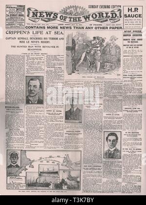 "Crippen la vita in mare", pagina anteriore del 'News del mondo", il 31 luglio 1910. Creatore: sconosciuto. Foto Stock