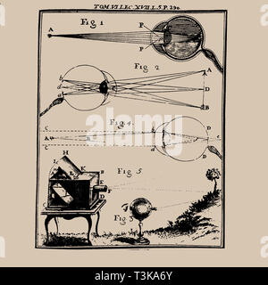 Illustrazione comparativa dell'occhio umano e la Camera Obscura, XVIII secolo. Creatore: anonimo. Foto Stock