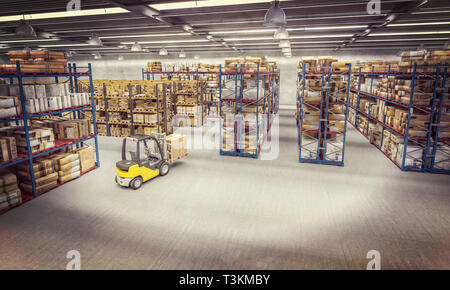 Vista di un magazzino pieno di beni e di un carrello elevatore a forche in azione. Immagine 3D render. commercio e logistica concetto. Foto Stock