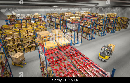 Vista di un magazzino pieno di beni e di un carrello elevatore a forche in azione. Immagine 3D render. commercio e logistica concetto. Foto Stock