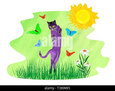 Violetta cat giocando in erba verde con farfalle. Serie di illustrazioni con un divertente personaggio gattino. Foto Stock