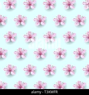 Cinese realistico rosa sakura pattern sul morbido cielo blu sullo sfondo. Oriental textile design modello sbocciare fiori di primavera sullo sfondo. Natura in 3D Illustrazione Vettoriale