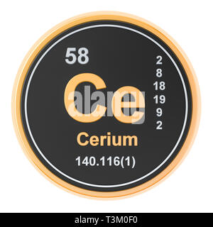 Il cerio Ce elemento chimico. 3D rendering isolati su sfondo bianco Foto Stock