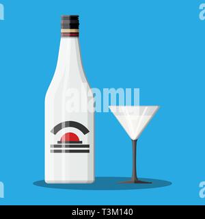 Bottiglia di rum con noce di cocco e vetro. Rum drink alcolici. Illustrazione Vettoriale in stile piatto Illustrazione Vettoriale