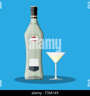 Vermouth con bottiglia di vetro. Vermouth bere alcool. Illustrazione Vettoriale in stile piatto Illustrazione Vettoriale