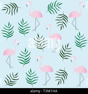 Tropical flamingo pattern. Fenicottero rosa e foglie. Stampa di estate Illustrazione Vettoriale