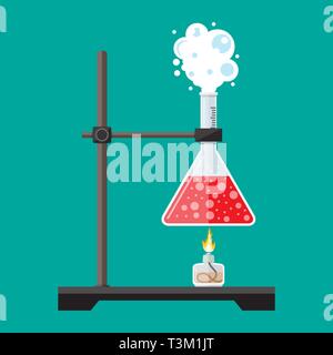 Attrezzature di laboratorio, vasetti, bicchieri, boccette, spirito lampada . La reazione chimica. Biologia scienze mediche dell'istruzione. Illustrazione Vettoriale in stile piatto Illustrazione Vettoriale