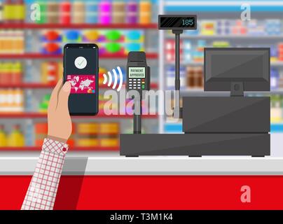 Terminale Pos conferma il pagamento tramite smartphone. Supermercato interno. Contatore di cassiere workplace. Scaffali con prodotti. Registratore di cassa e tastierino numerico. Vettore Illustrazione Vettoriale