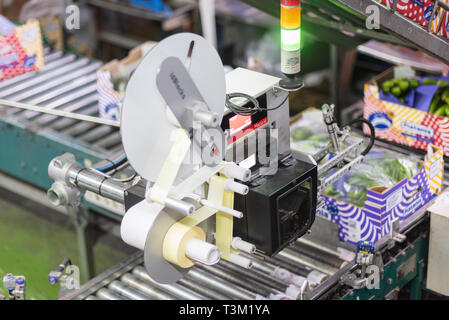 Tenerife, Spagna - 3 Gennaio 2019: etichettatura automatizzata della pressa durante il funzionamento nel confezionamento alimentare industria in Tenerife, Isole canarie, Spagna. Foto Stock